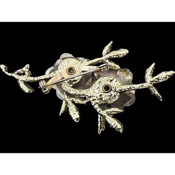 Vtg Enamel Leaf Roses Flower Pin Brooch Light Purple  Green Pink Rhinestone - Picture 3 of 5